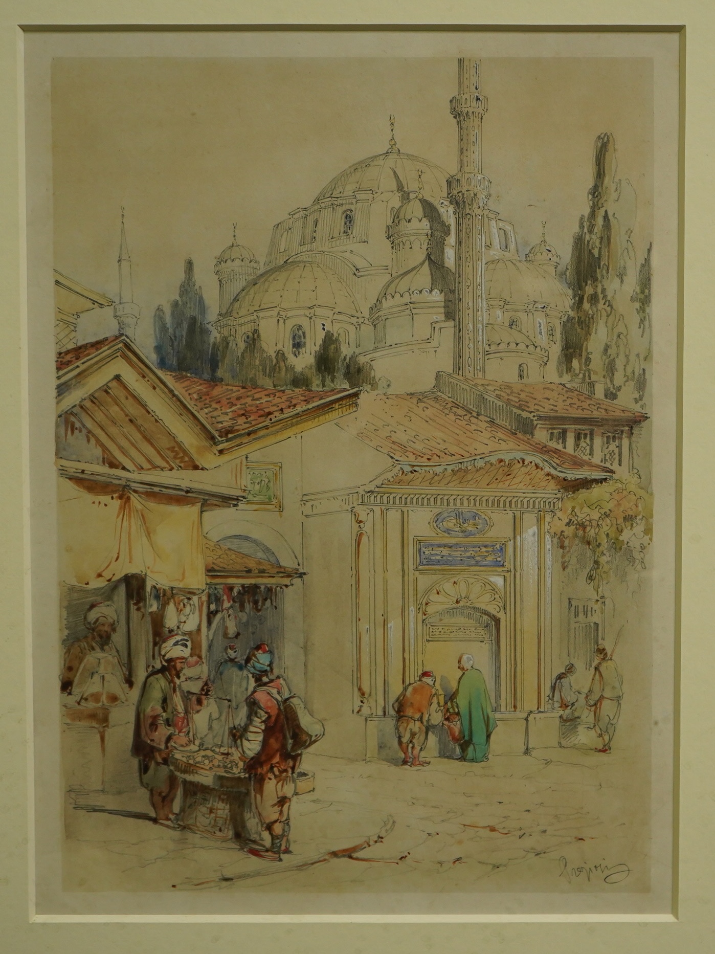 Orientalist School, pencil and watercolour, Street scene with market sellers, indistinctly signed lower right, 30 x 21cm, gilt framed. Condition - fair to good